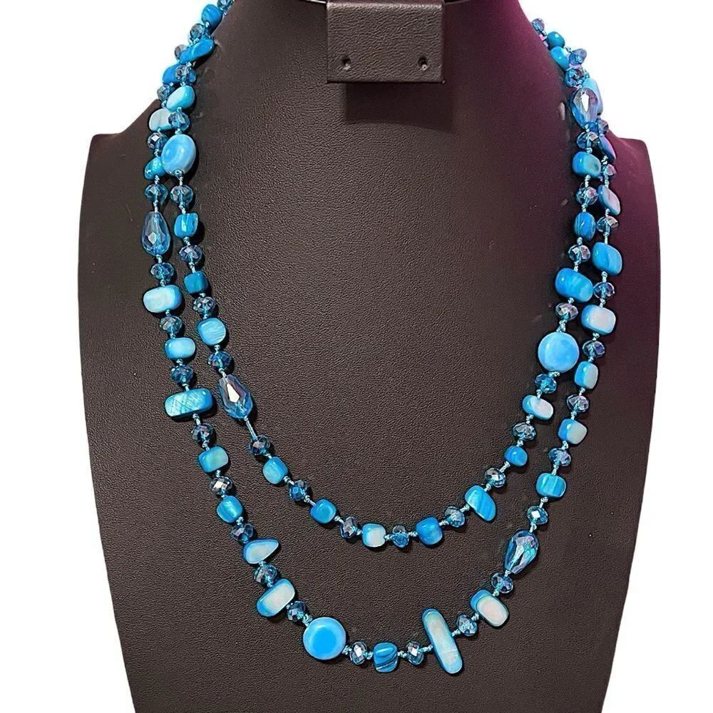 Amazing Blue Shell And Glass Beads 50” Long Necklace